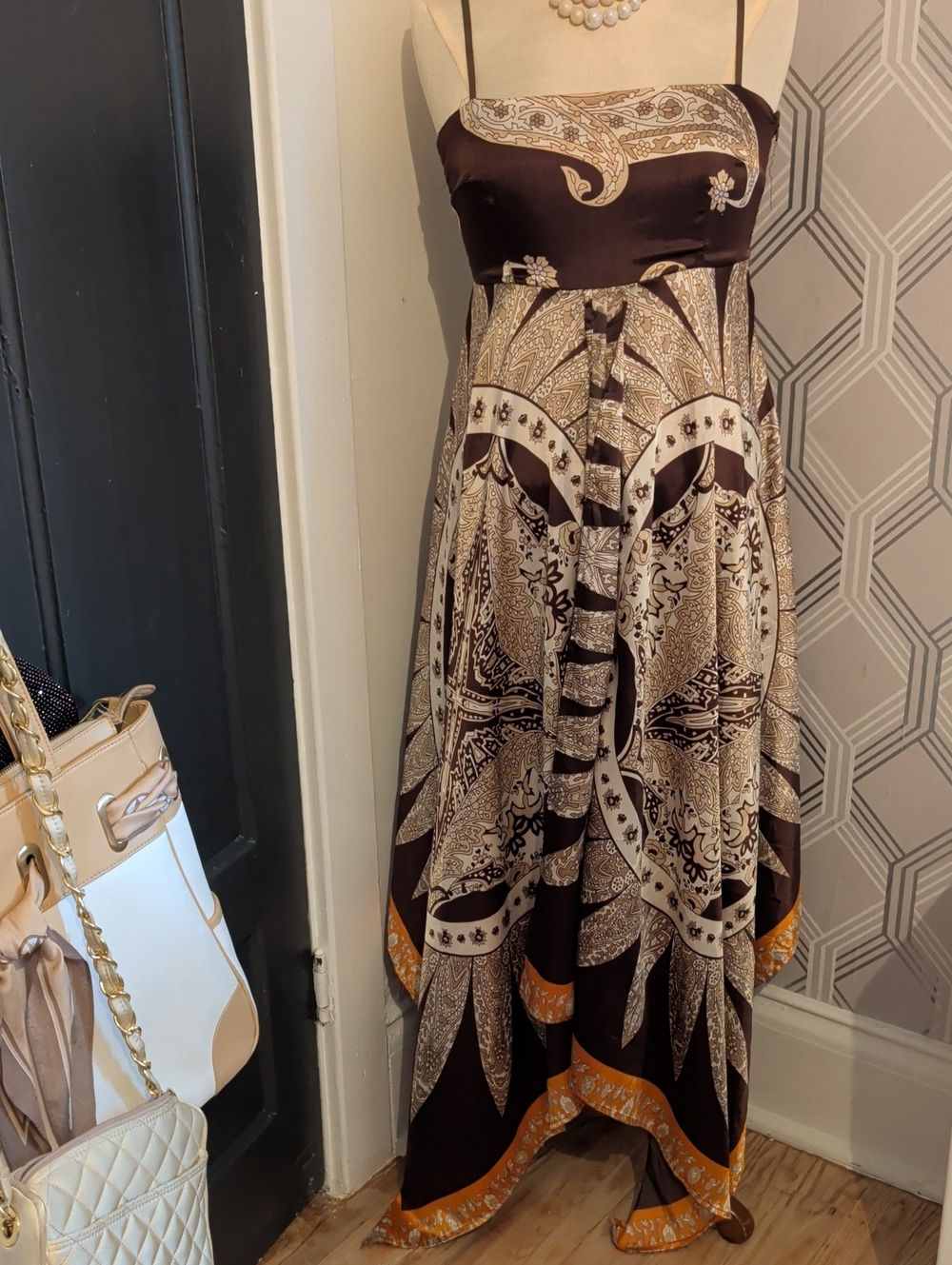 Women’s Maxi Dress in Brown and Cream Paisley Print